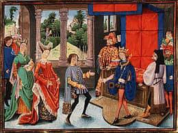Ci-dessous, une peinture illustrant l'arrivée de Saint Hubert chez Pépin d’Herstal.