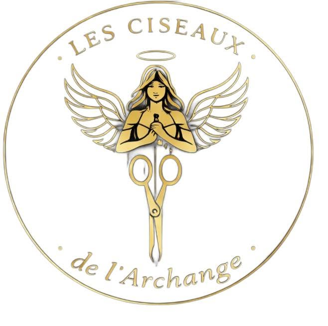 Logo du salon : une femme ailée, auréolée, tenant une paire de ciseaux, dessinée en doré sur fond blanc, entourée des mots « Les Ciseaux de l'Archange ».
