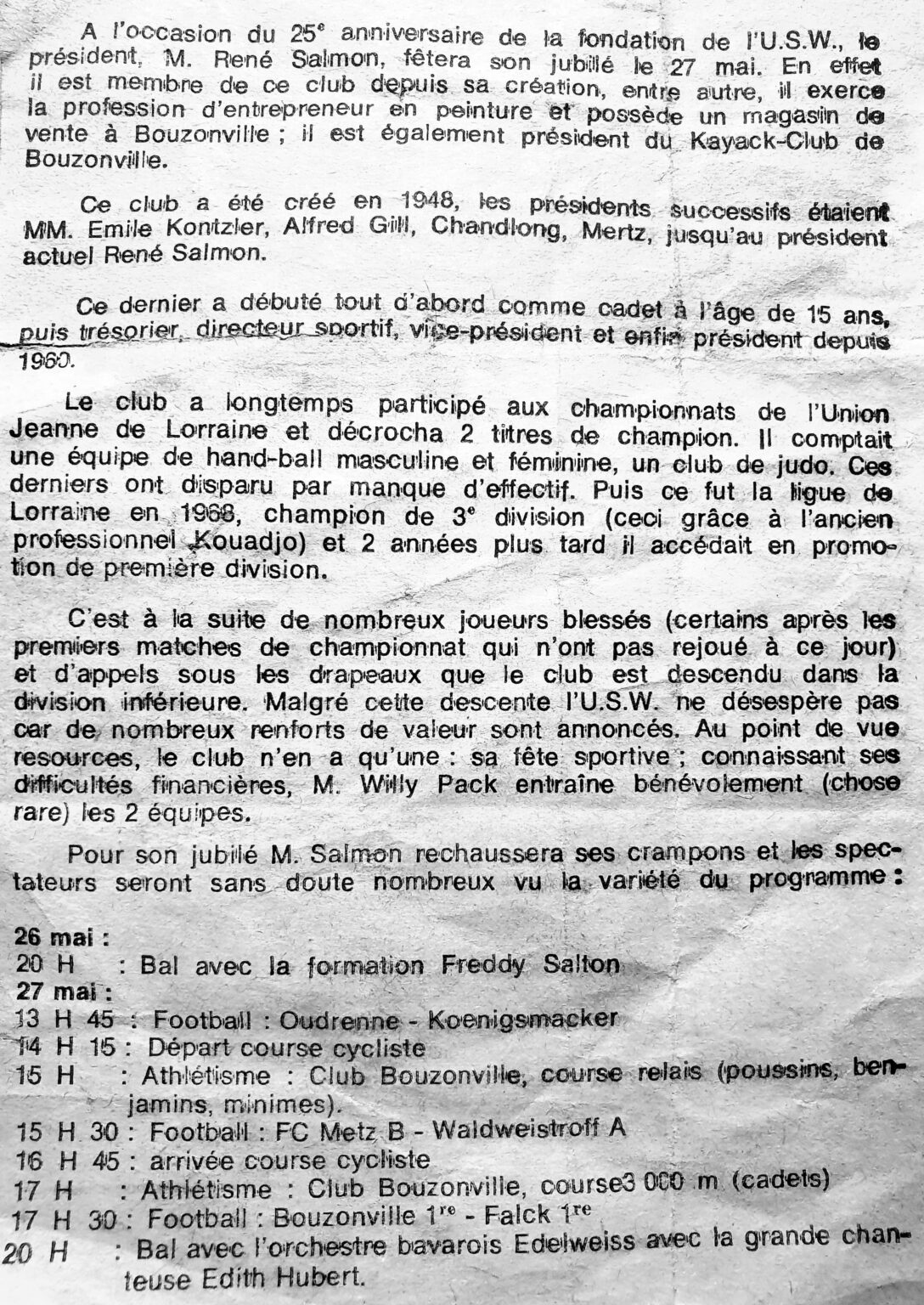 Coupure de presse sans photographie annonçant le jubilé du président René Salmon pour le 25e anniversaire du club : l'article retrace l'histoire de l'U.S.W. et donne le programme des 26 et 27 mai — bal, matches de football, course cycliste et athlétisme.