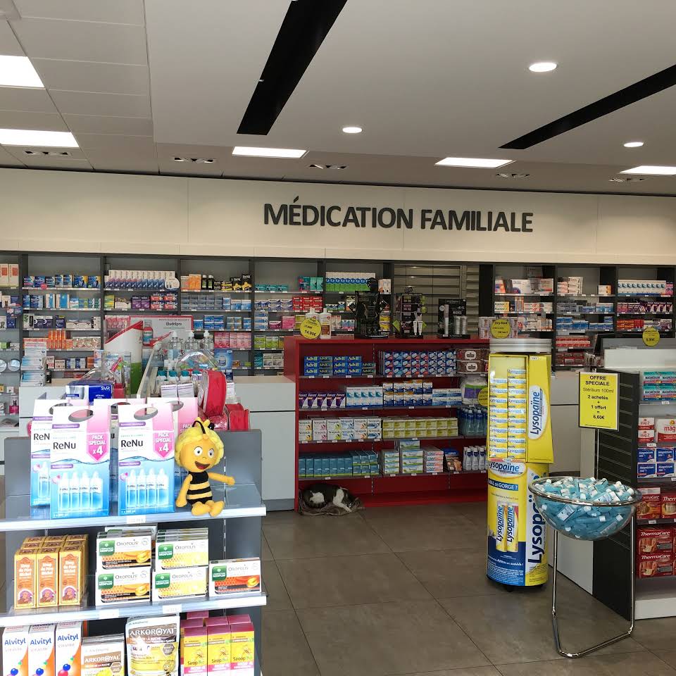 L'intérieur de la pharmacie : des rayonnages garnis sous une enseigne « Médication familiale », des présentoirs de produits, et un chat couché au pied d'un meuble.