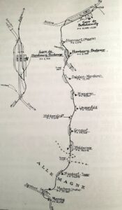 Schéma de la ligne de chemin de fer de Bettelainville à Merzig : les gares s'égrènent du haut vers le bas — Aboncourt, Hombourg-Budange, Dalstein-Menskirch, Monneren, Laumesfeld, Waldweistroff au point kilométrique 21,636, Grindorf, Waldwisse — puis la frontière allemande, Mondorf-Sarre, Mechern et Merzig.