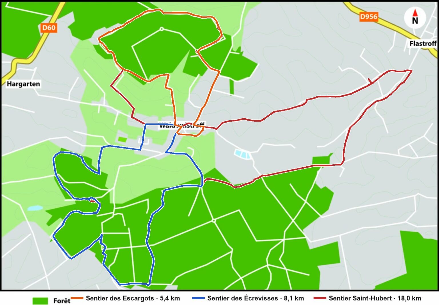 Carte de la commune et de ses bois, sur laquelle trois boucles sont tracées : le sentier des Escargots en orange au nord du village, le sentier des Écrevisses en bleu vers l'ouest et le sud, et le sentier Saint-Hubert en rouge, qui fait le grand tour jusqu'aux abords de Flastroff.
