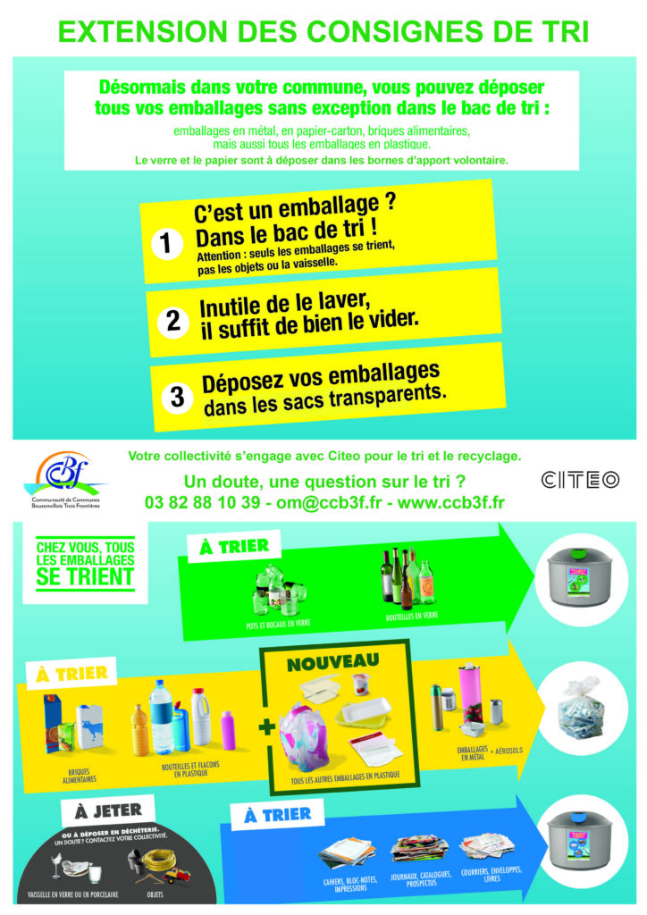 Affiche « Extension des consignes de tri » : tous les emballages, sans exception, vont dans le bac de tri ; inutile de les laver, il suffit de bien les vider ; les déposer dans des sacs transparents. Le verre et le papier vont dans les bornes d'apport volontaire.